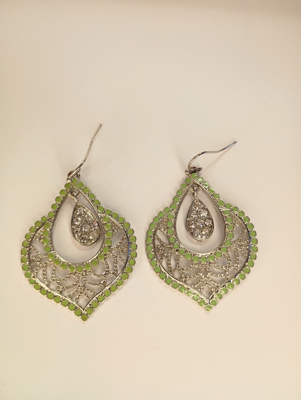 Silver Teardrop Filigree Earrings with Lime Green Accents